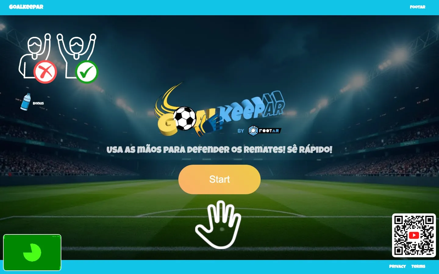 GoalkeepAR start screen in a stadium, with a hand gesture prompt