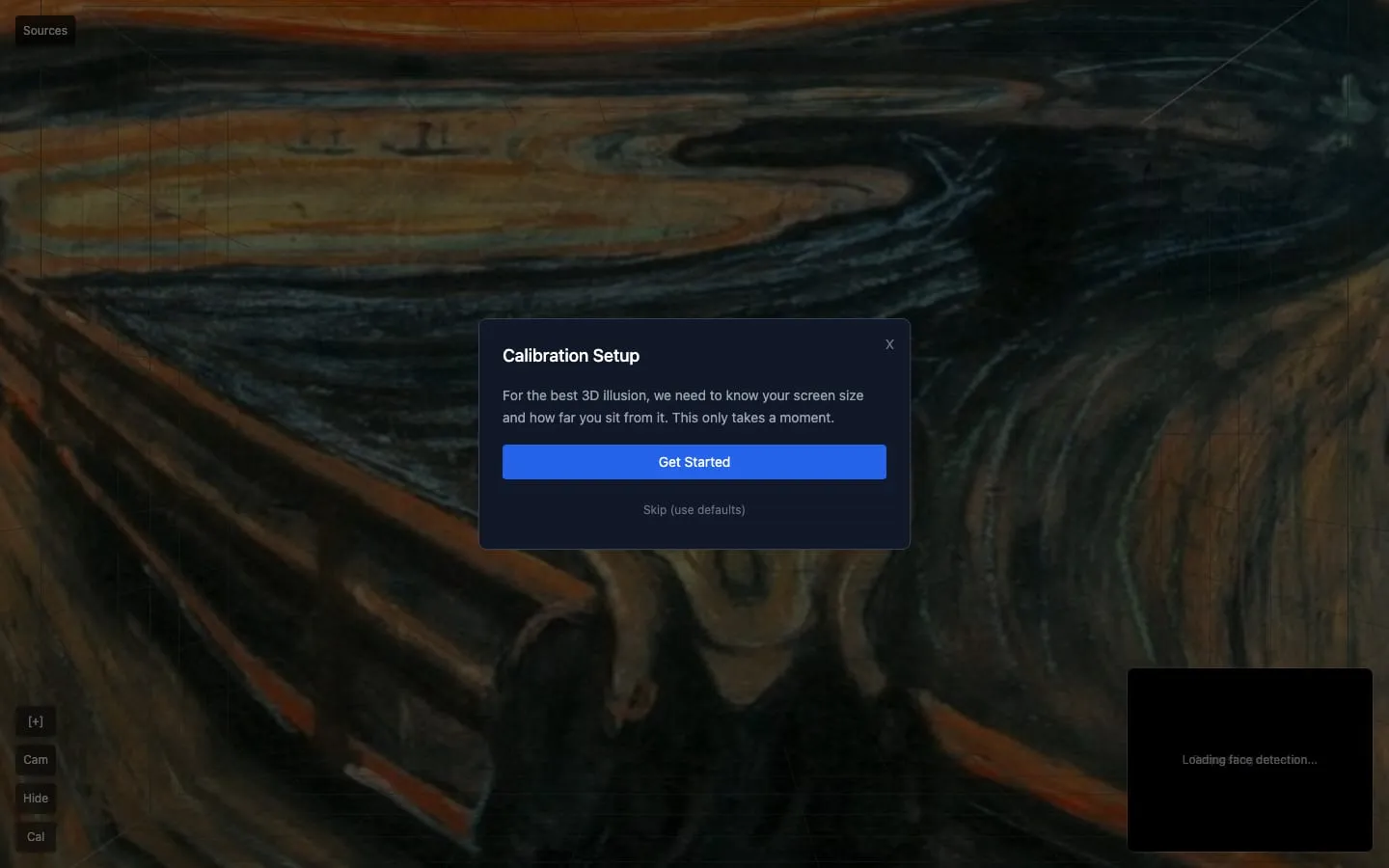 Munch's The Scream on screen with the head-tracking calibration panel
