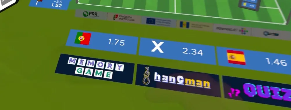Memory game, hangman and quiz buttons beside match odds in the 3D stadium
