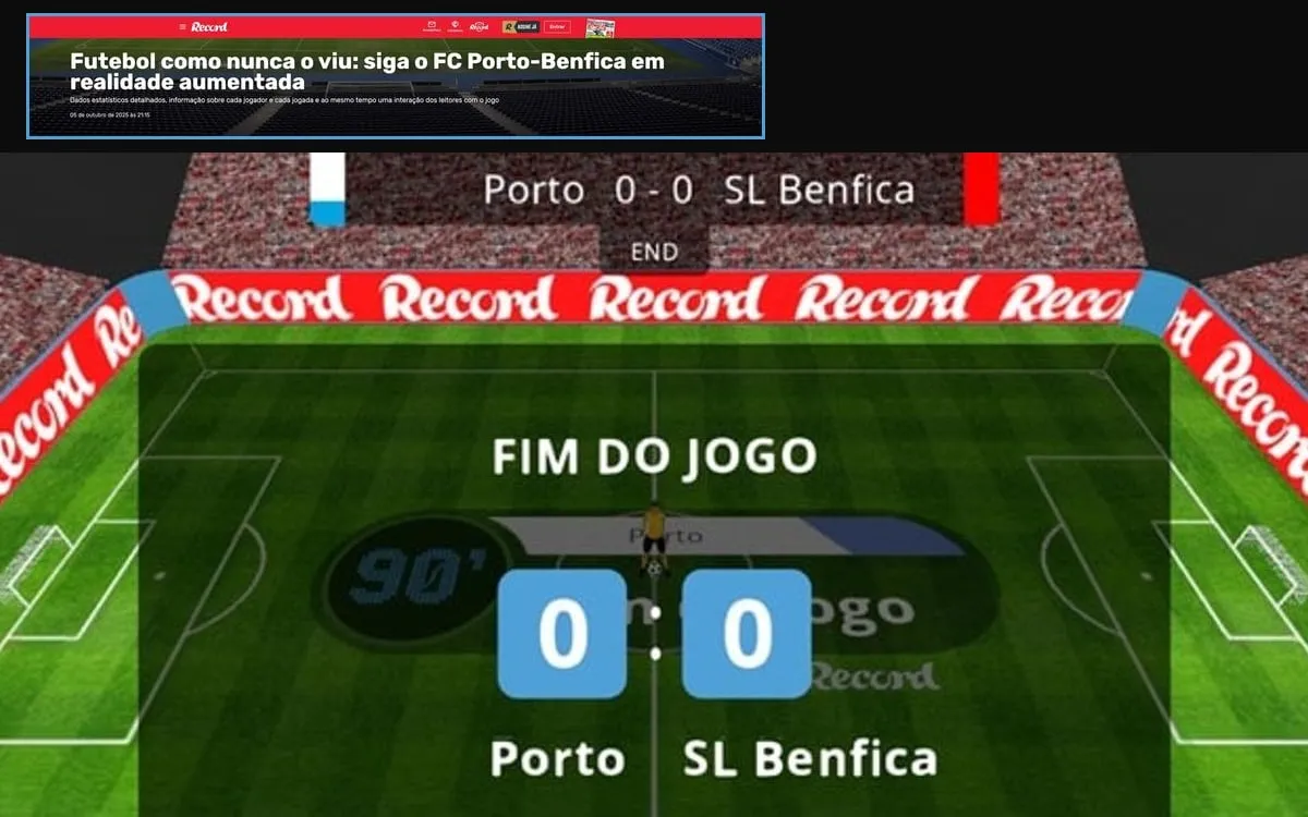 FootAR's 3D stadium in Record colours at full time, FC Porto 0, SL Benfica 0, under the header of Record's article