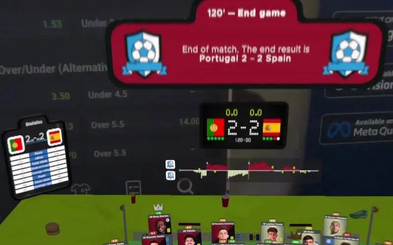 The FootAR 3D scoreboard showing Portugal 2, Spain 2 at full time