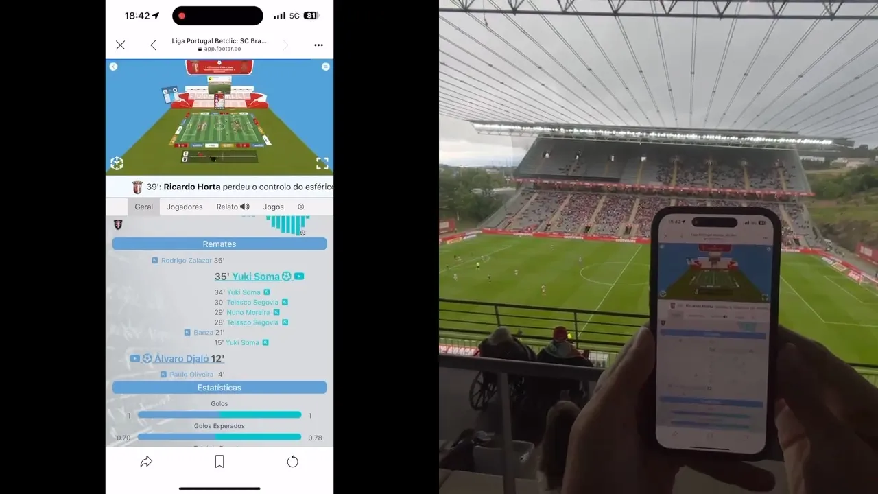 The SC Braga app with the FootAR 3D stadium, on a phone in the stands of the Braga stadium