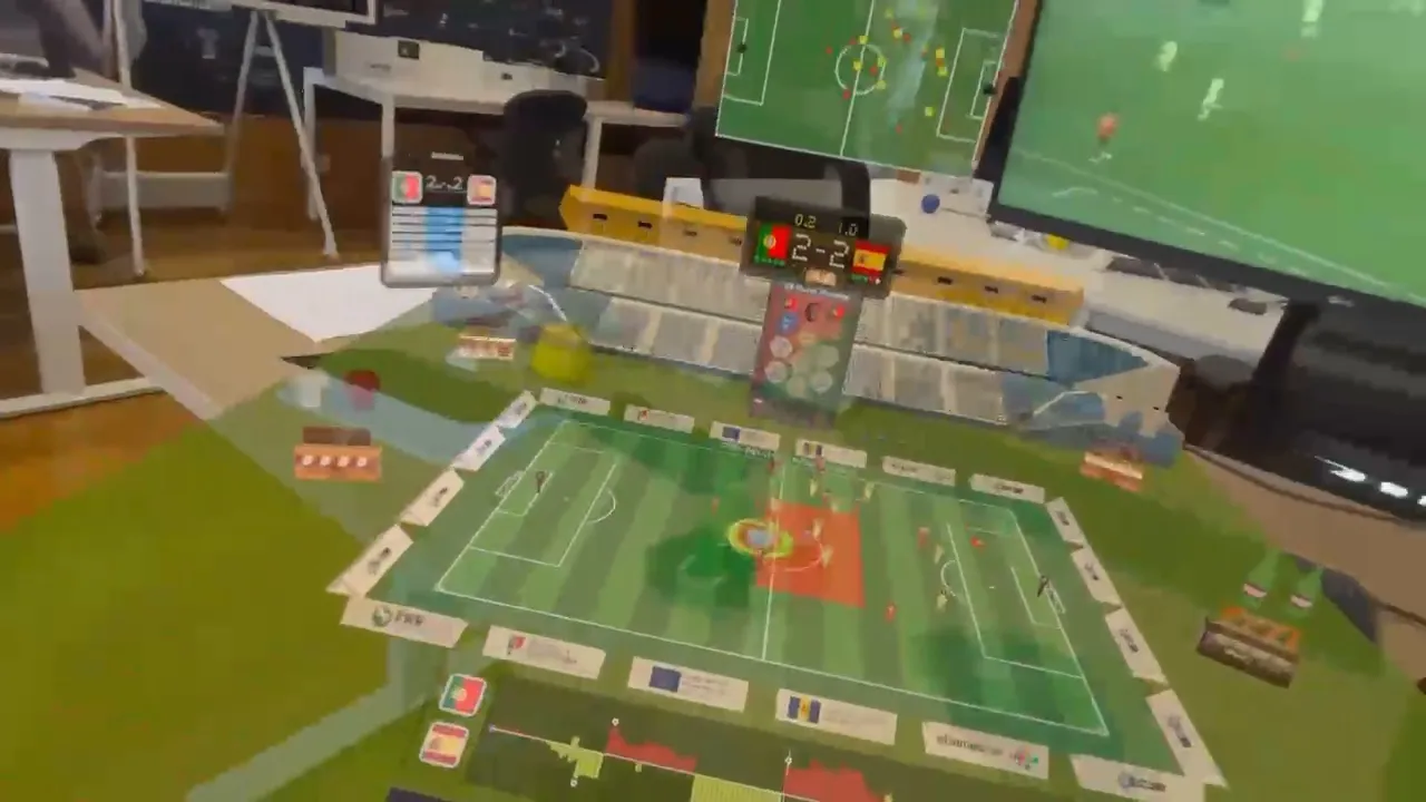 FootAR Sport on Meta Quest: a 3D match on the office table, next to the broadcast on TV