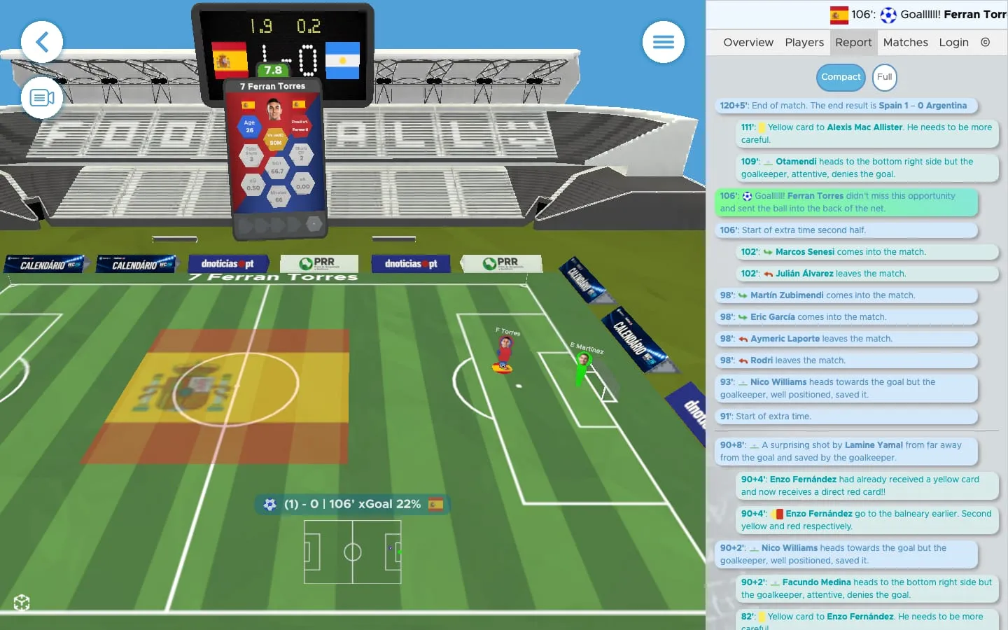 A match timeline next to a 3D replay of a goal with its xGoal