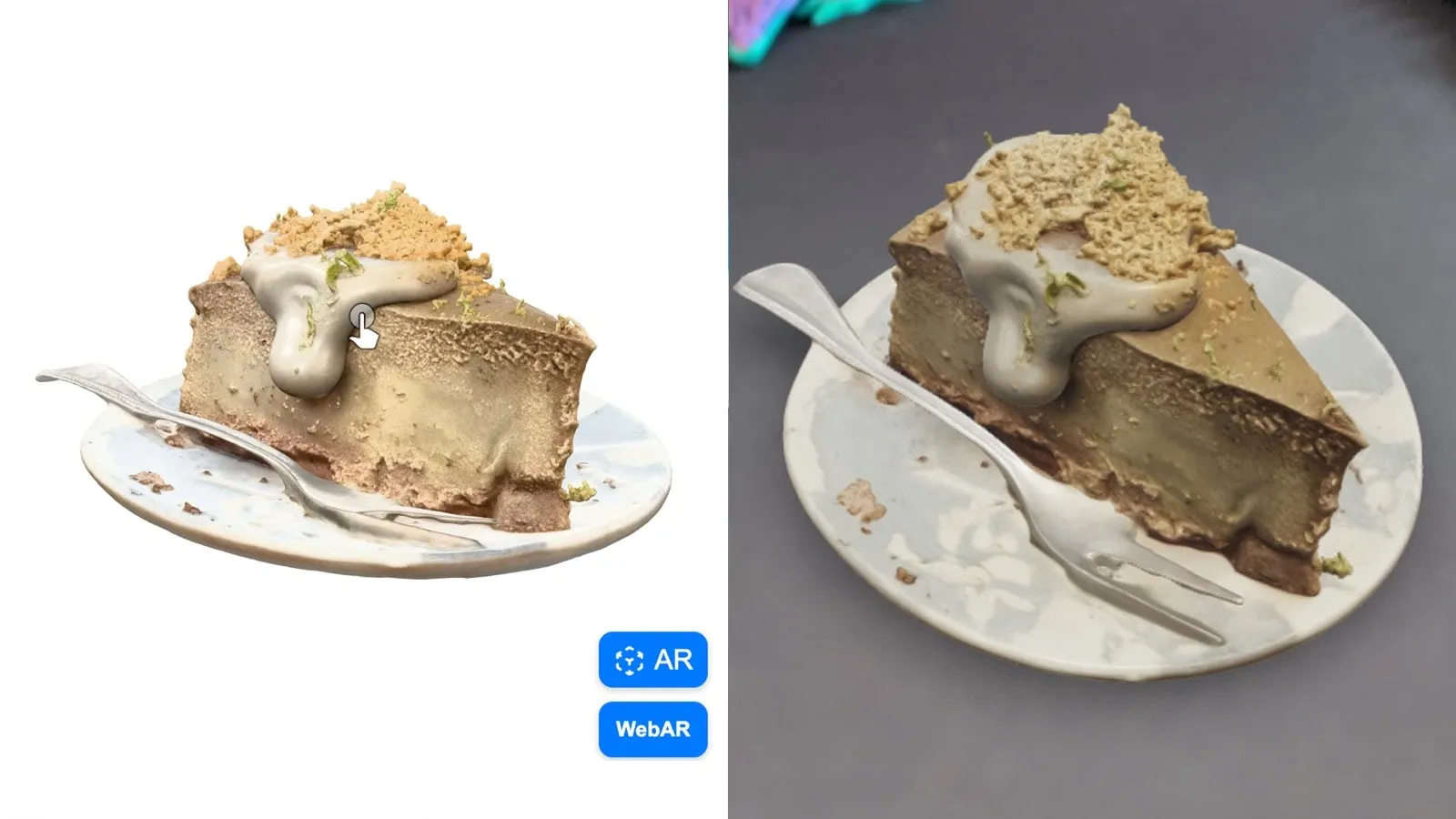 A product in 3D in the browser, and the same product placed in the room in WebAR
