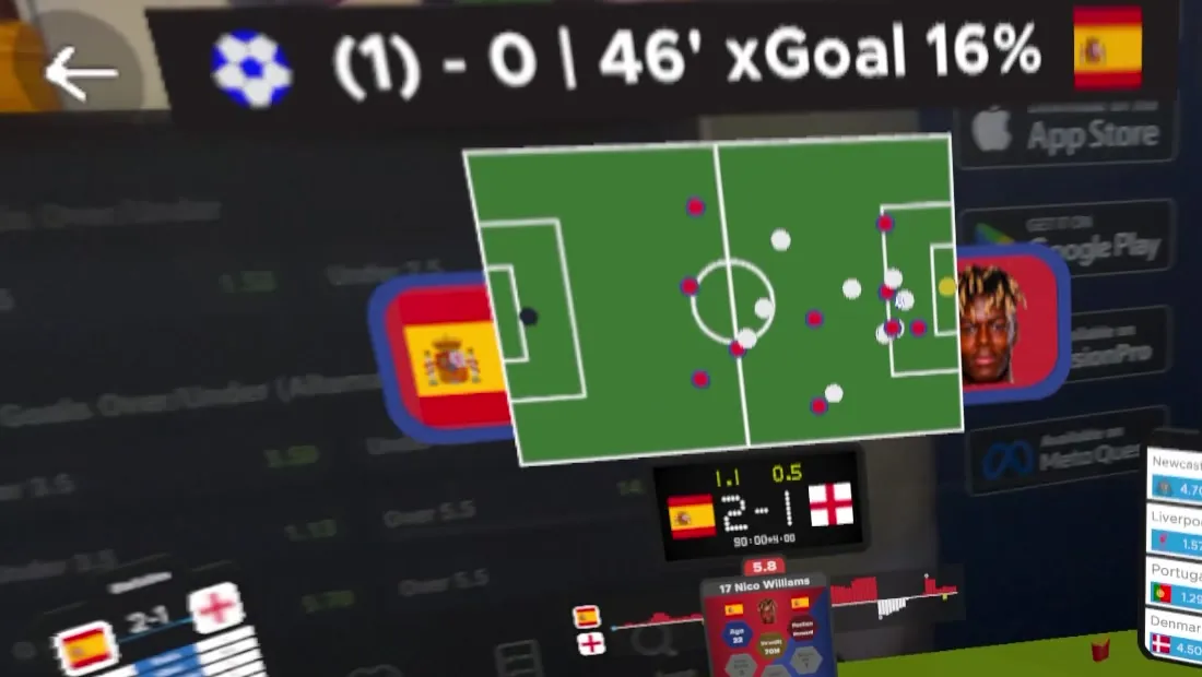 A Spain chance drawn on a 3D pitch with its xGoal of 16%