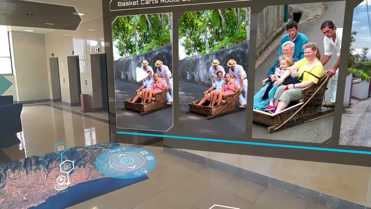 TouristAR in a headset: a 3D map of Madeira on the floor and photo panels of the Monte toboggans in the room